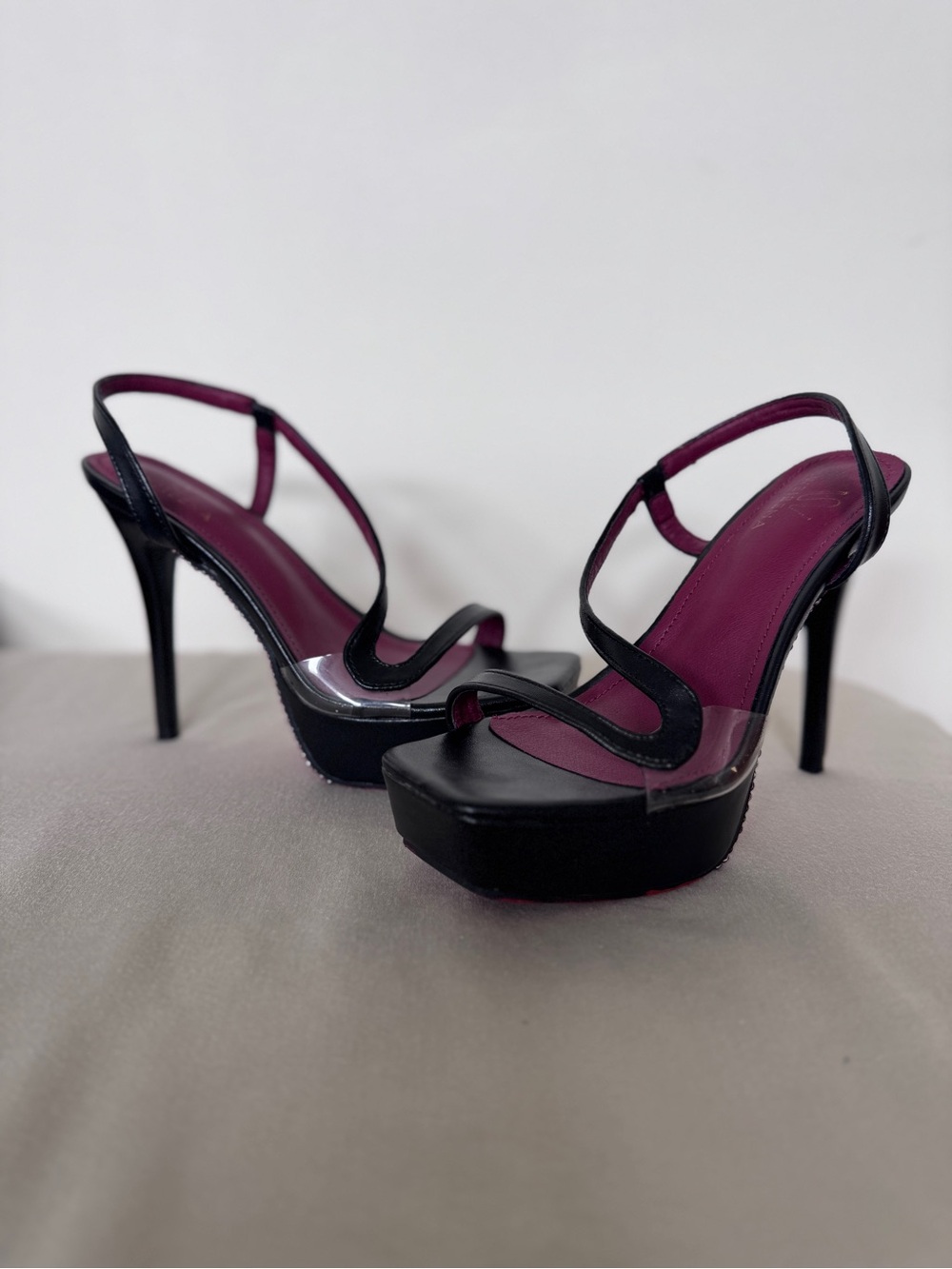 Black Platform Slingback Heels with Plum Insole